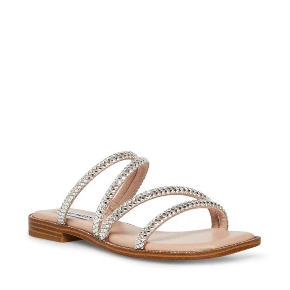 New Steve Madden Sz 8 Starie Nude Silver Rhinestone Embellished Flat Sandals